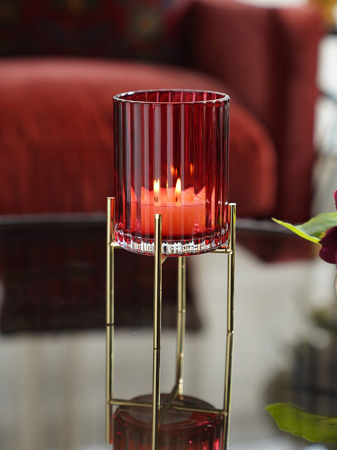 

Pure Home and Living Red Ribbed Glass Hurricane With Metal Stand