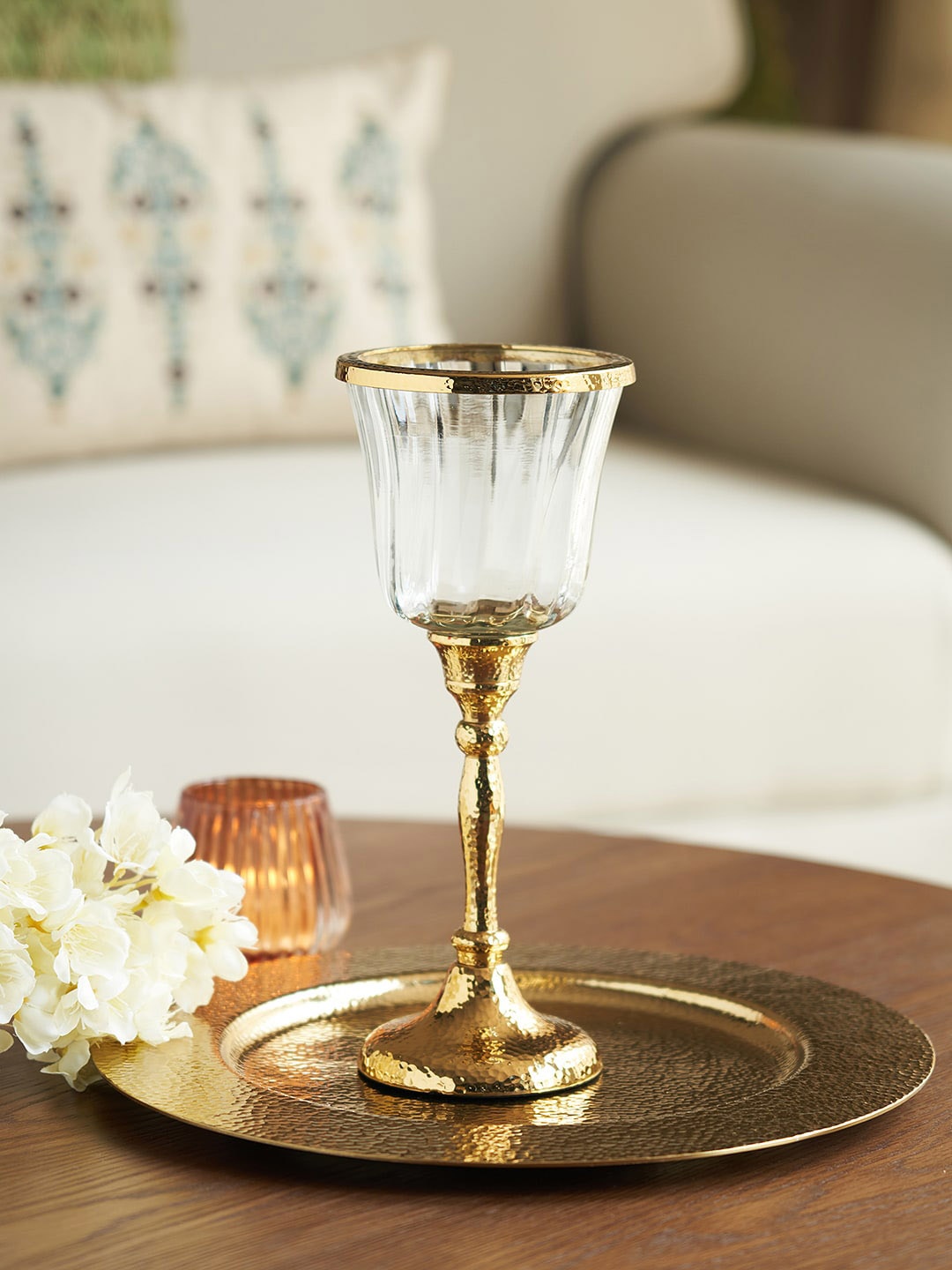 

Pure Home and Living Glass Hurricane With Textured Metal Stand, Transparent