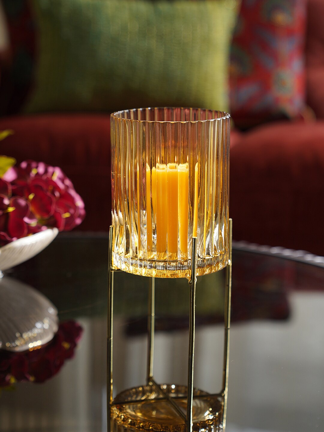 

Pure Home and Living Brown Ribbed Glass Hurricane With Metal Stand