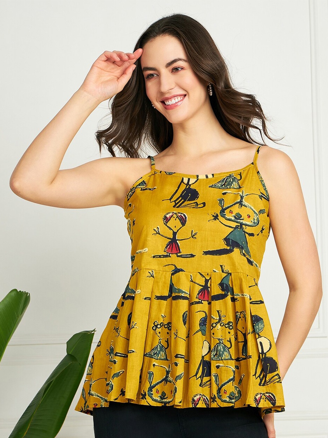 

InWeave Mustard Conversational Printed Cotton Peplum Top