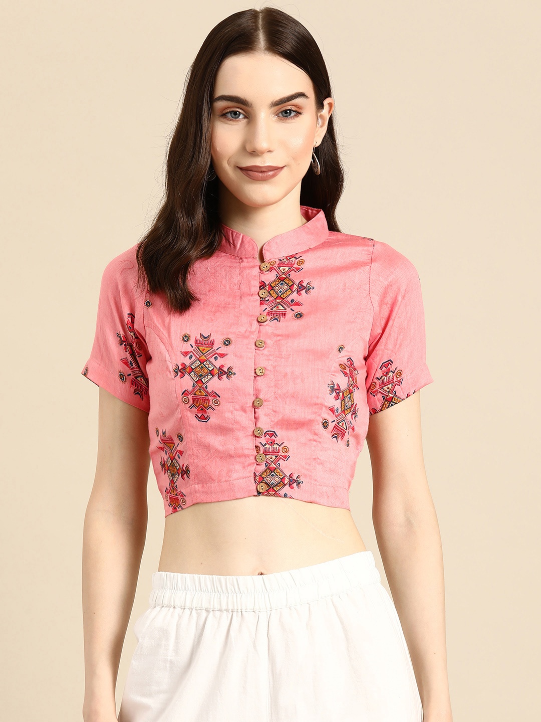 

Molcha Printed Non Padded Mandarin Collar Saree Blouse, Peach