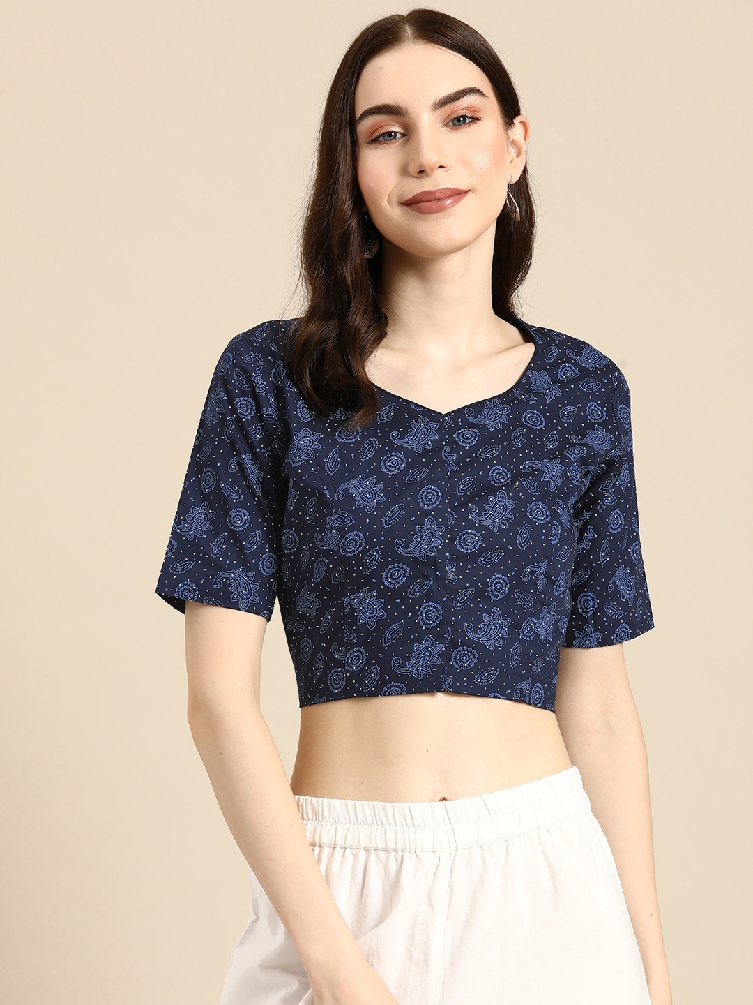 

Molcha Printed Non Padded Sweetheart Neck Saree Blouse, Navy blue