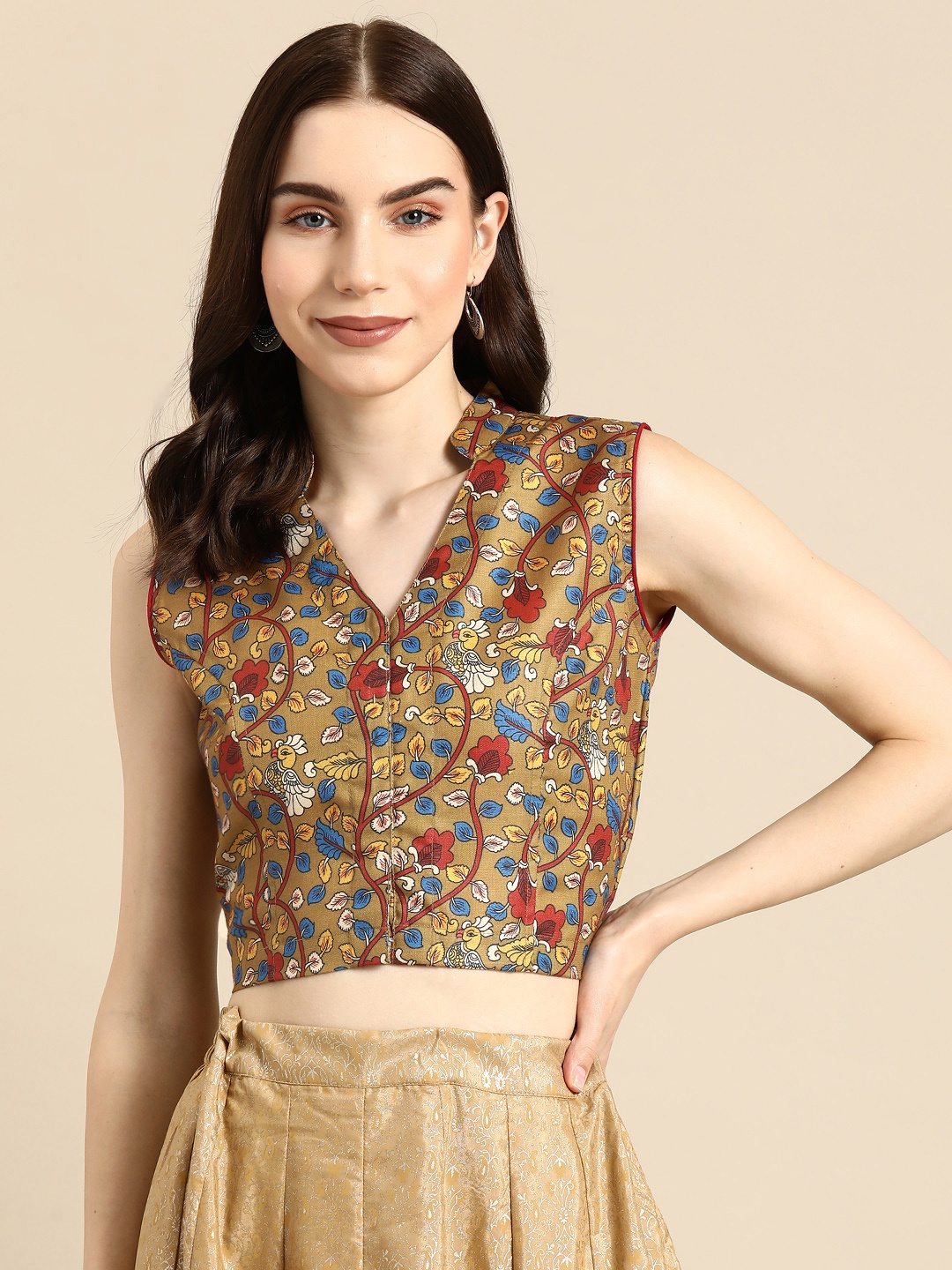 

Molcha Kalamkari Printed Non Padded Mandarin Collar Saree Blouse, Brown