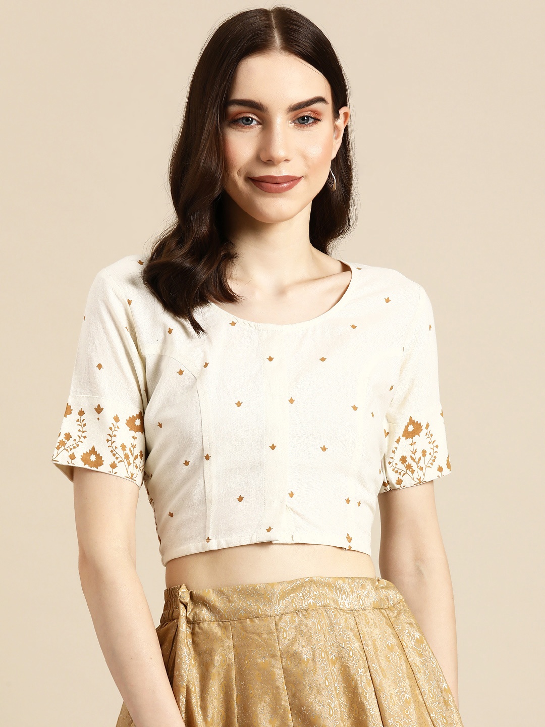 

Molcha Printed Non Padded Saree Blouse, Off white