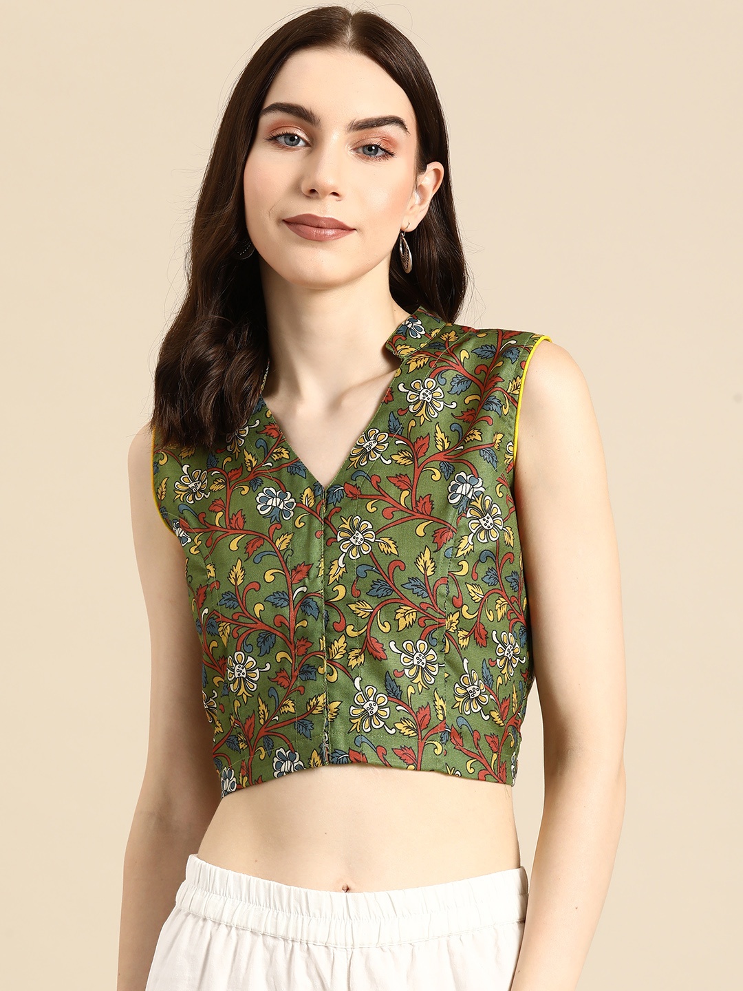 

Molcha Kalamkari Printed Non Padded Mandarin Collar Saree Blouse, Green