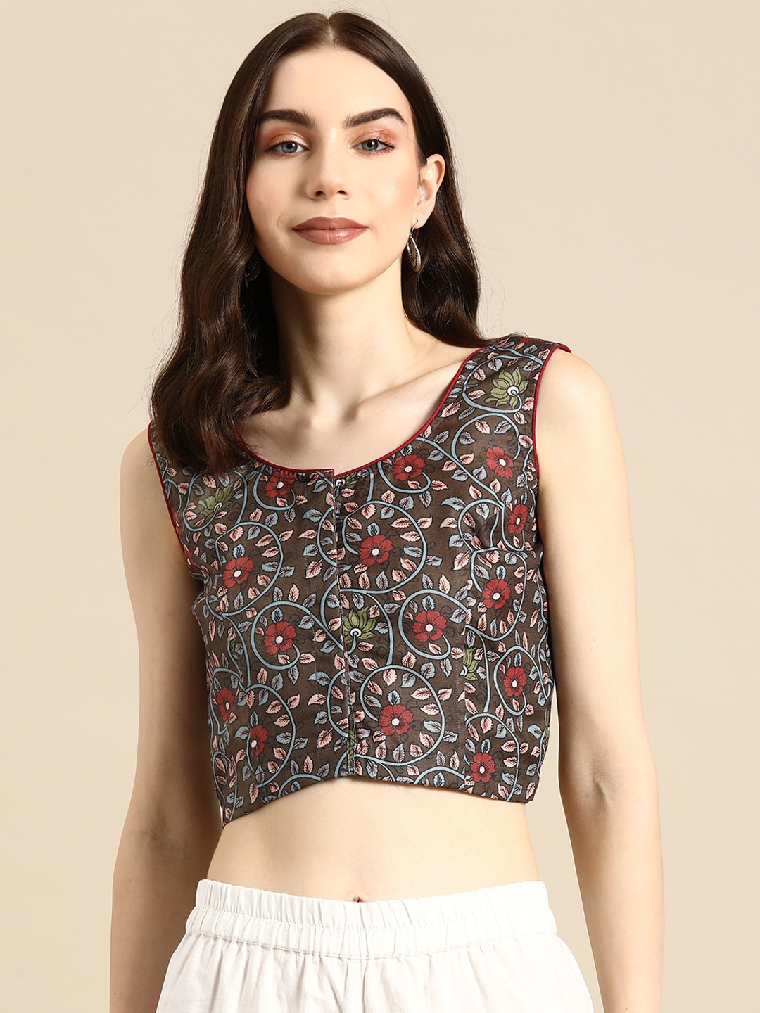 

Molcha Kalamkari Printed Non Padded Saree Blouse, Olive
