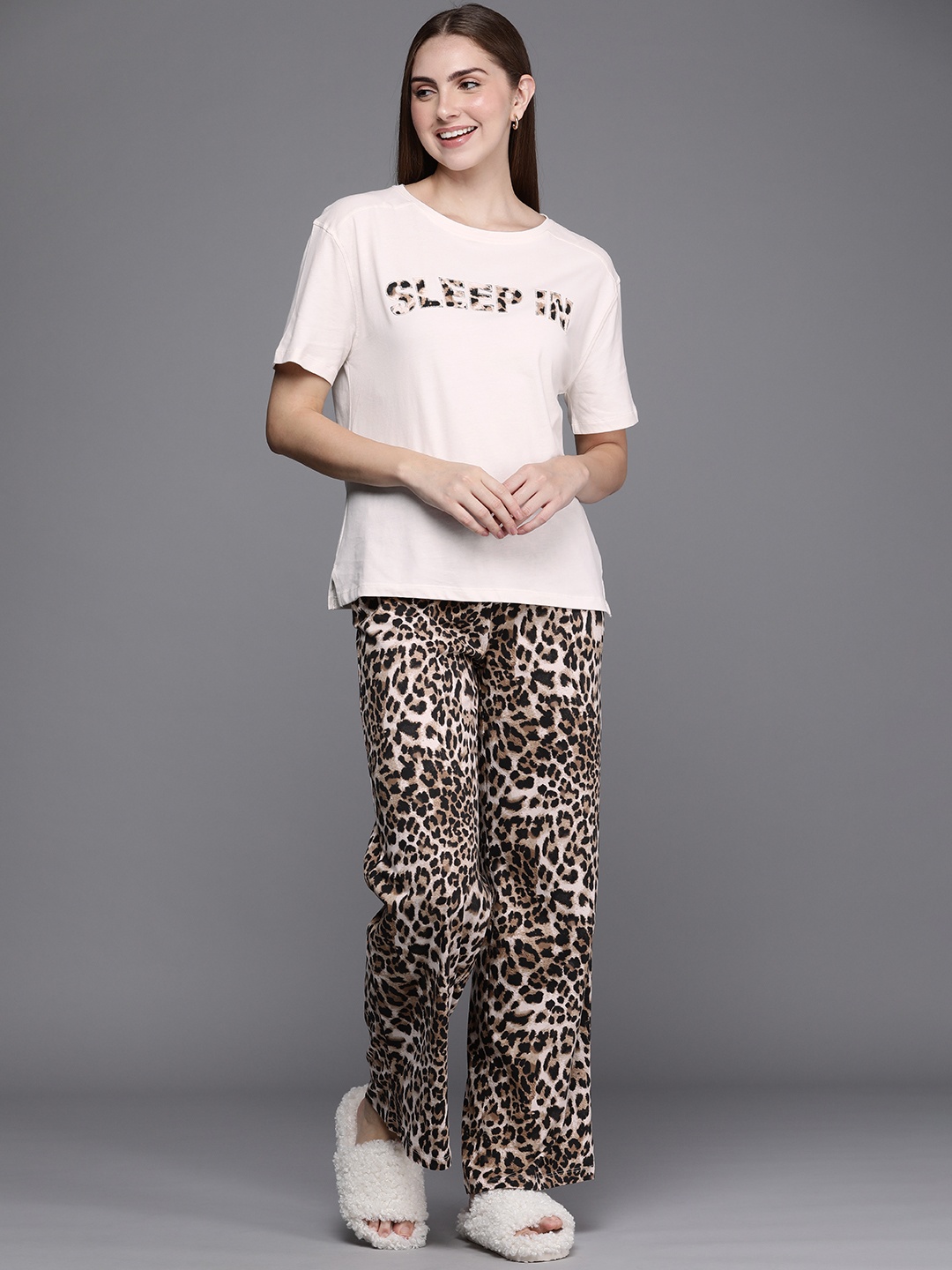 

NEXT Women Animal Printed Pure Cotton T-shirt With Pyjama D82880-Natural, Pink