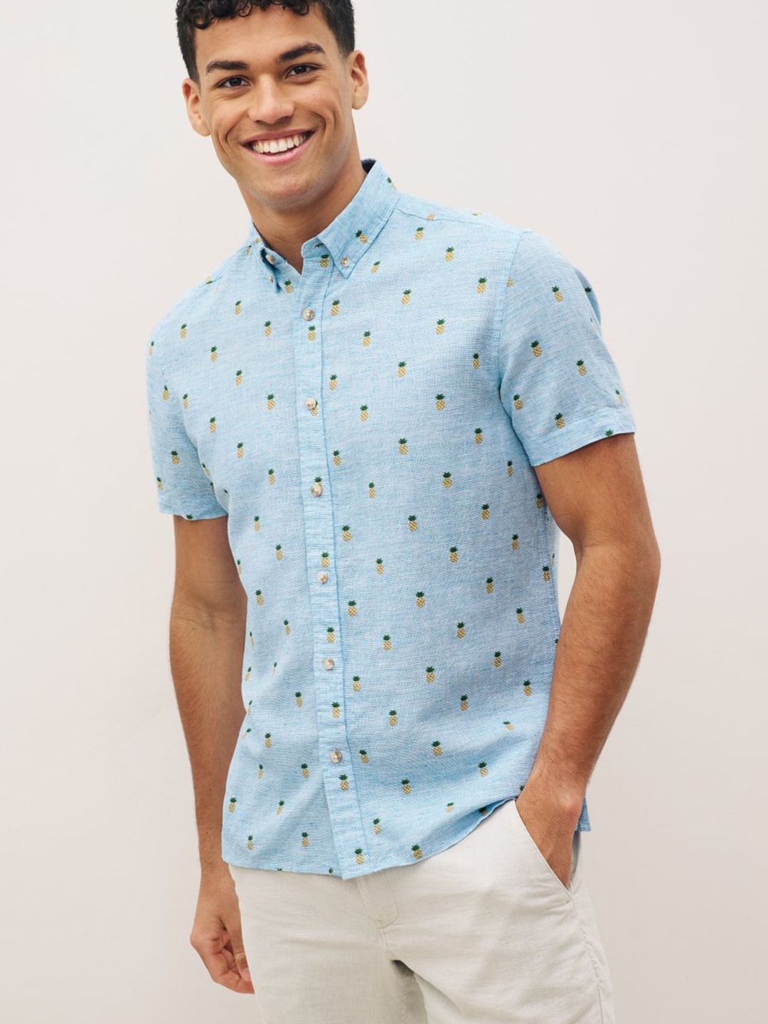 

NEXT Linen Cotton Tropical Printed Casual Shirt, Blue