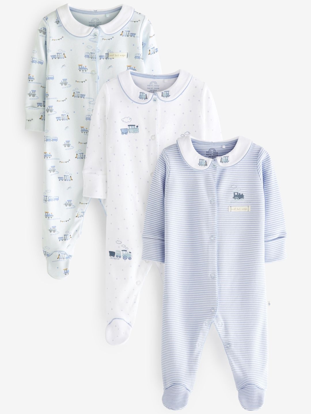 

NEXT Infants Boys Pack of 3 Printed Pure Cotton Sleepsuits, Blue
