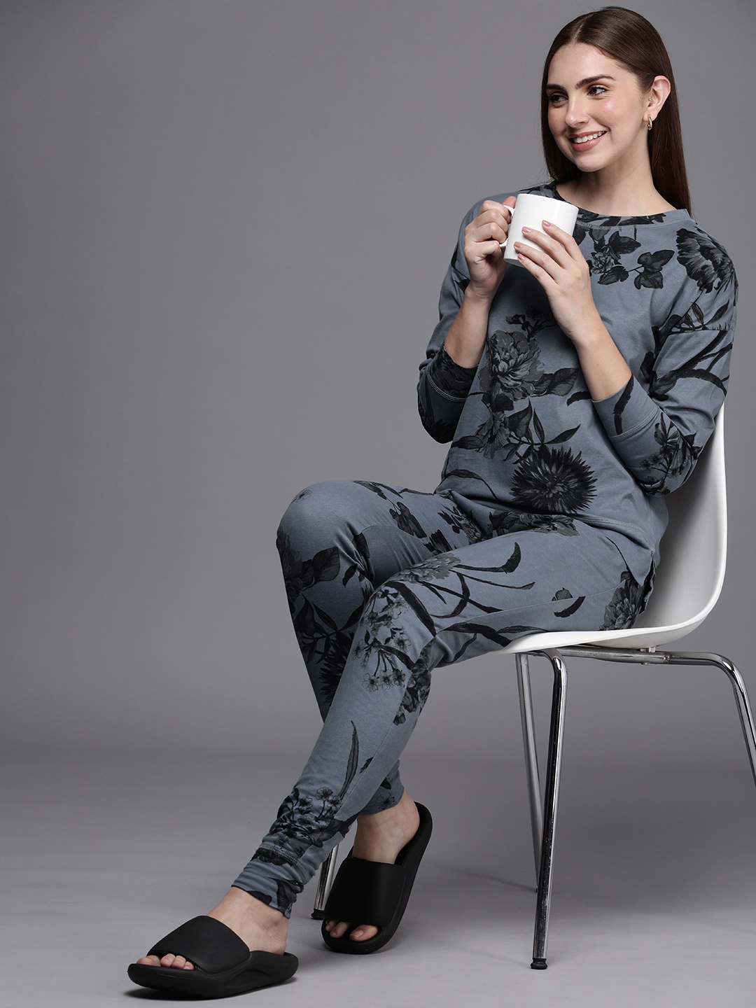 

NEXT Women Floral Printed Pure Cotton Night Suit 338857-Blue