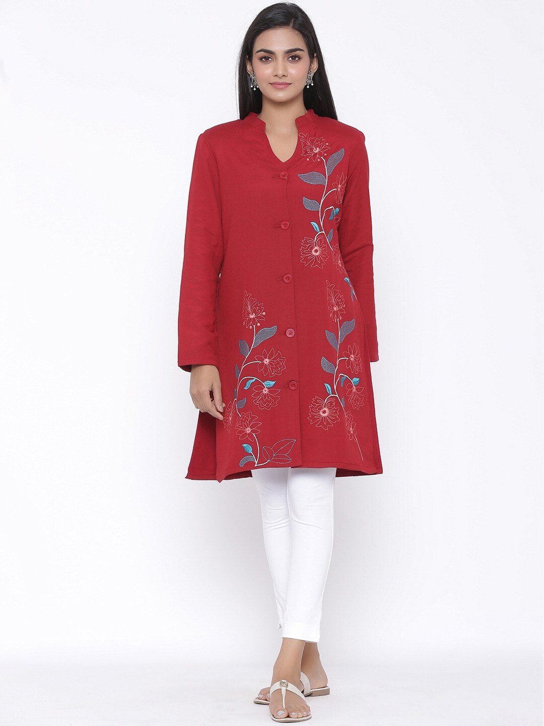 

SUTI Floral Embroidered Lightweight Longline Tailored Jacket, Maroon