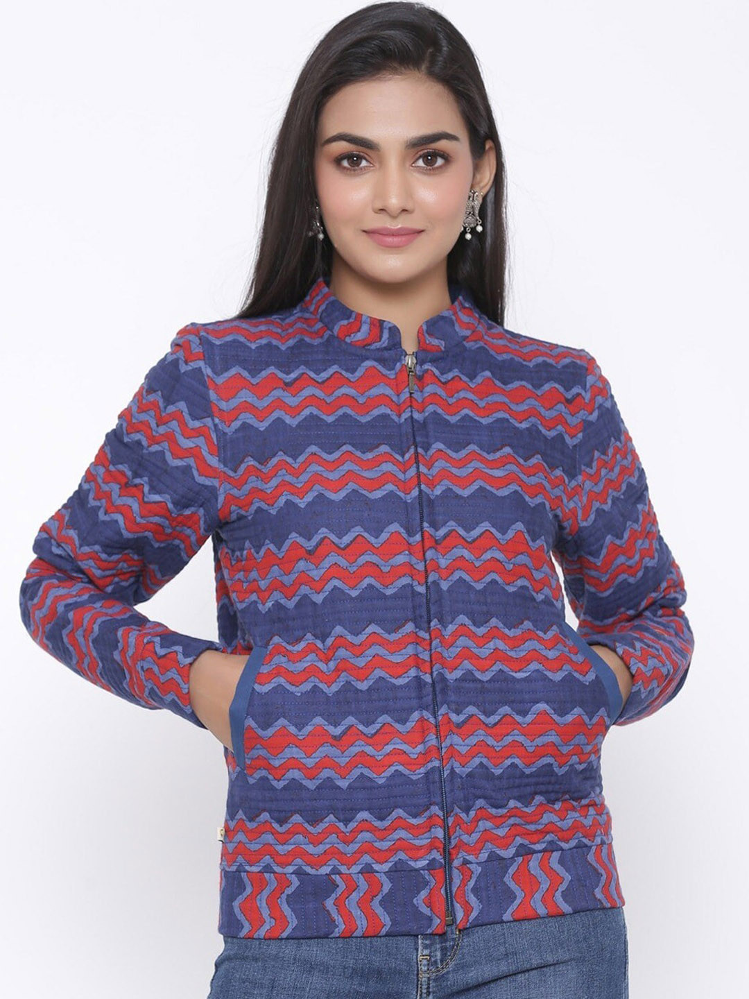 

SUTI Geometric Printed Mandarin Collar Lightweight Cotton Tailored Jacket, Blue