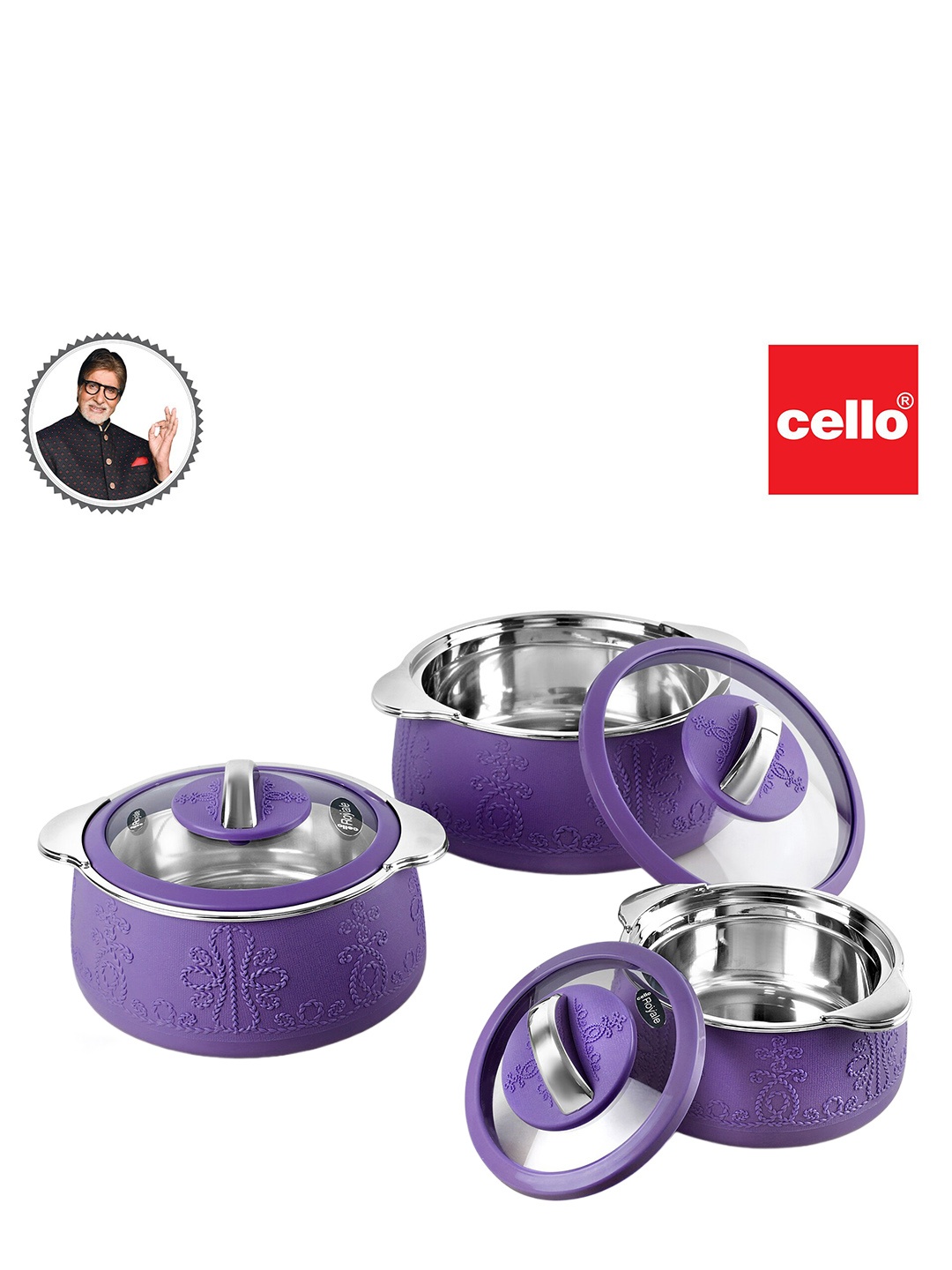 

Cello Royale Set of 3 Violet Insulated Inner Steel Casserole-600ml, 1.1L, 1.6L