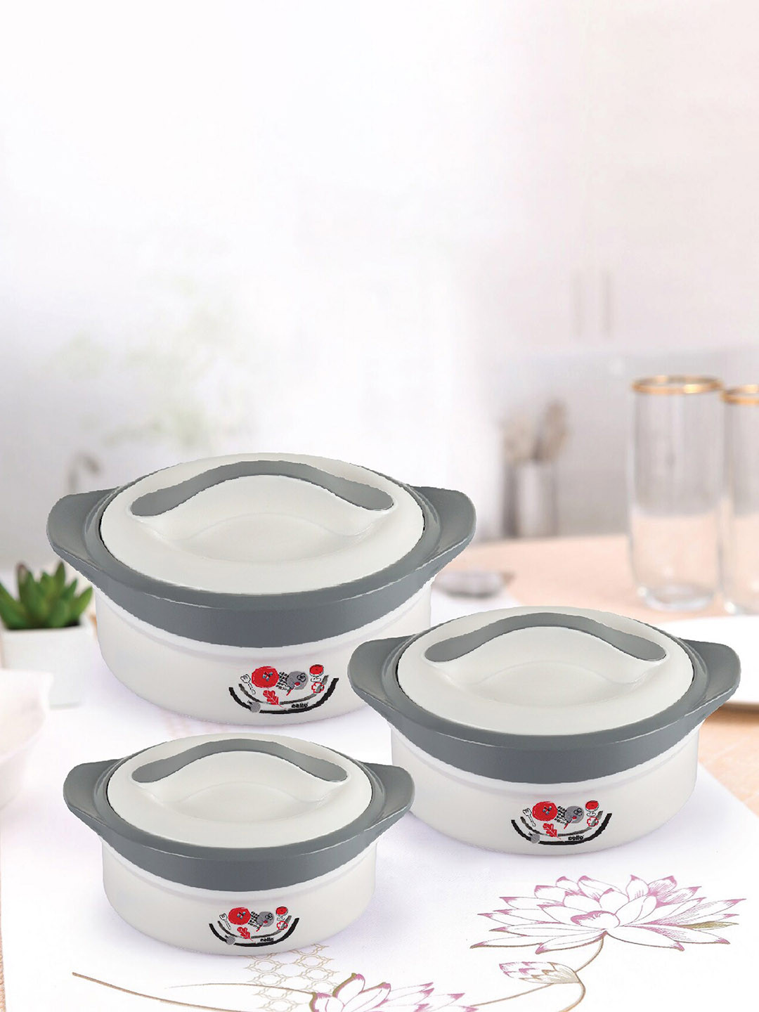 

Cello Solaris 3 Pcs White & Grey Insulated Plastic With Inner Steel Casseroles