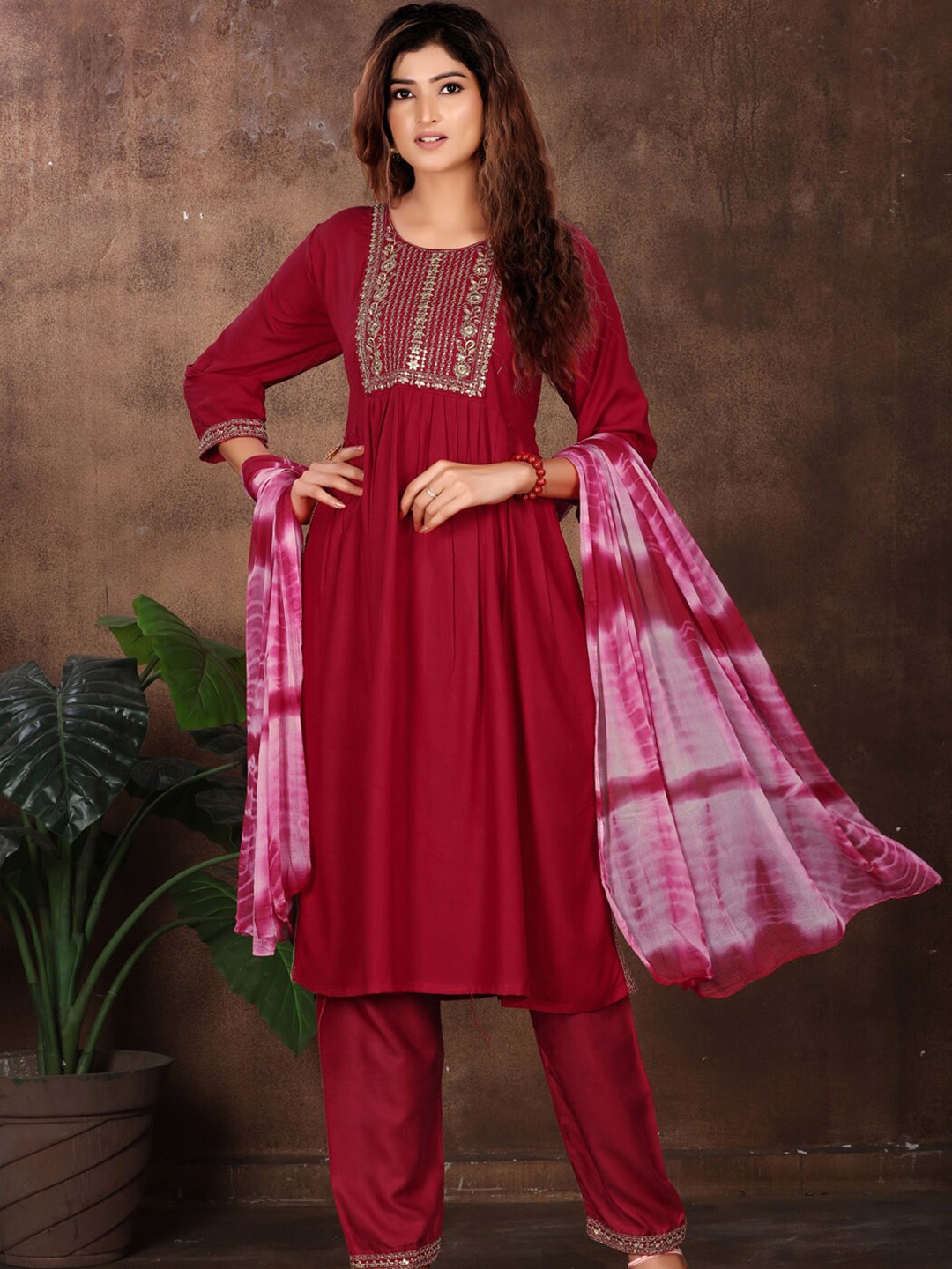 

KALINI Round Neck Sequinned Detailed Pleated A-Line Kurta & Trousers with Dupatta, Maroon