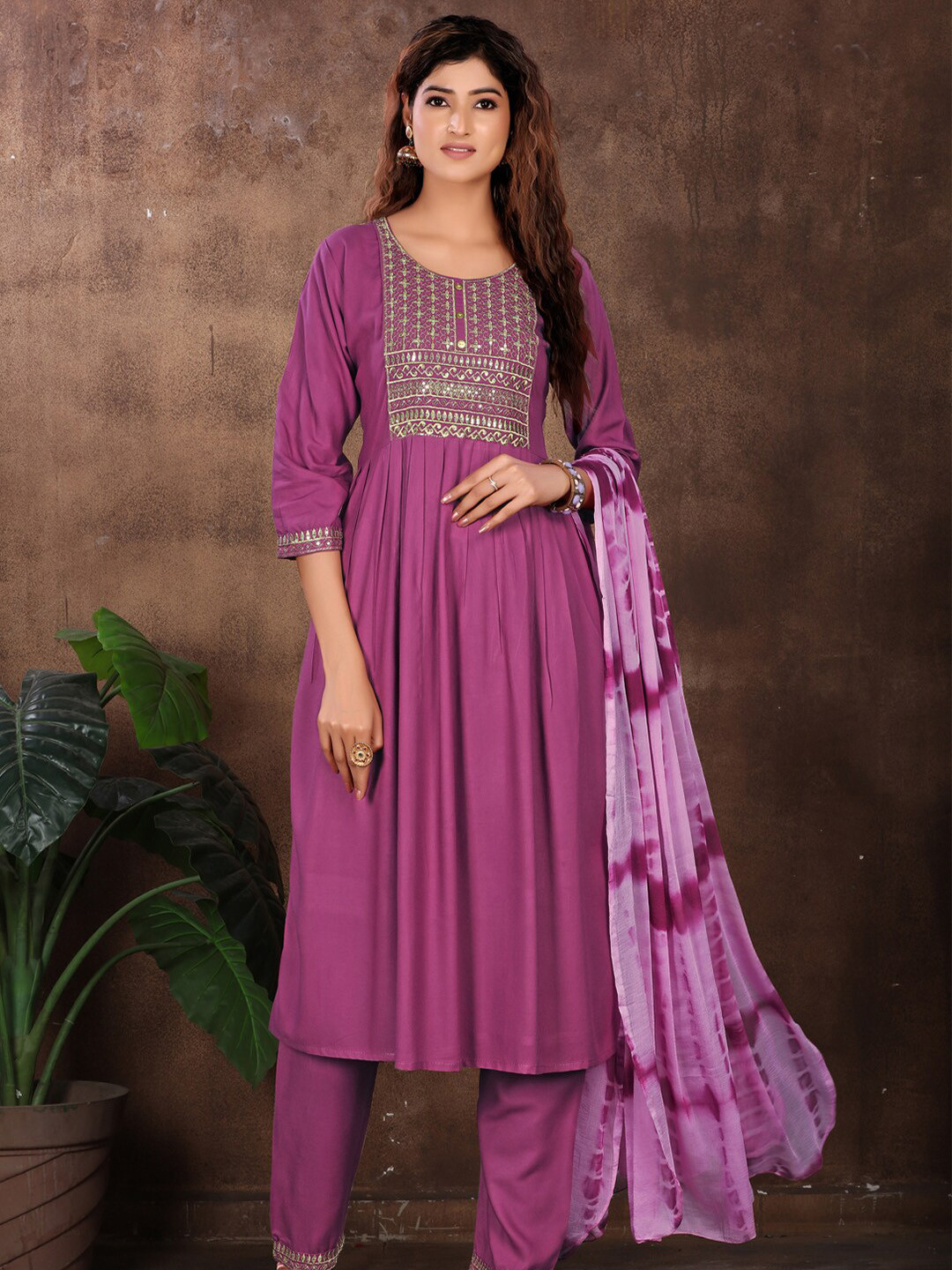 

KALINI Round Neck Sequinned Detailed Pleated A-Line Kurta & Trousers with Dupatta, Purple