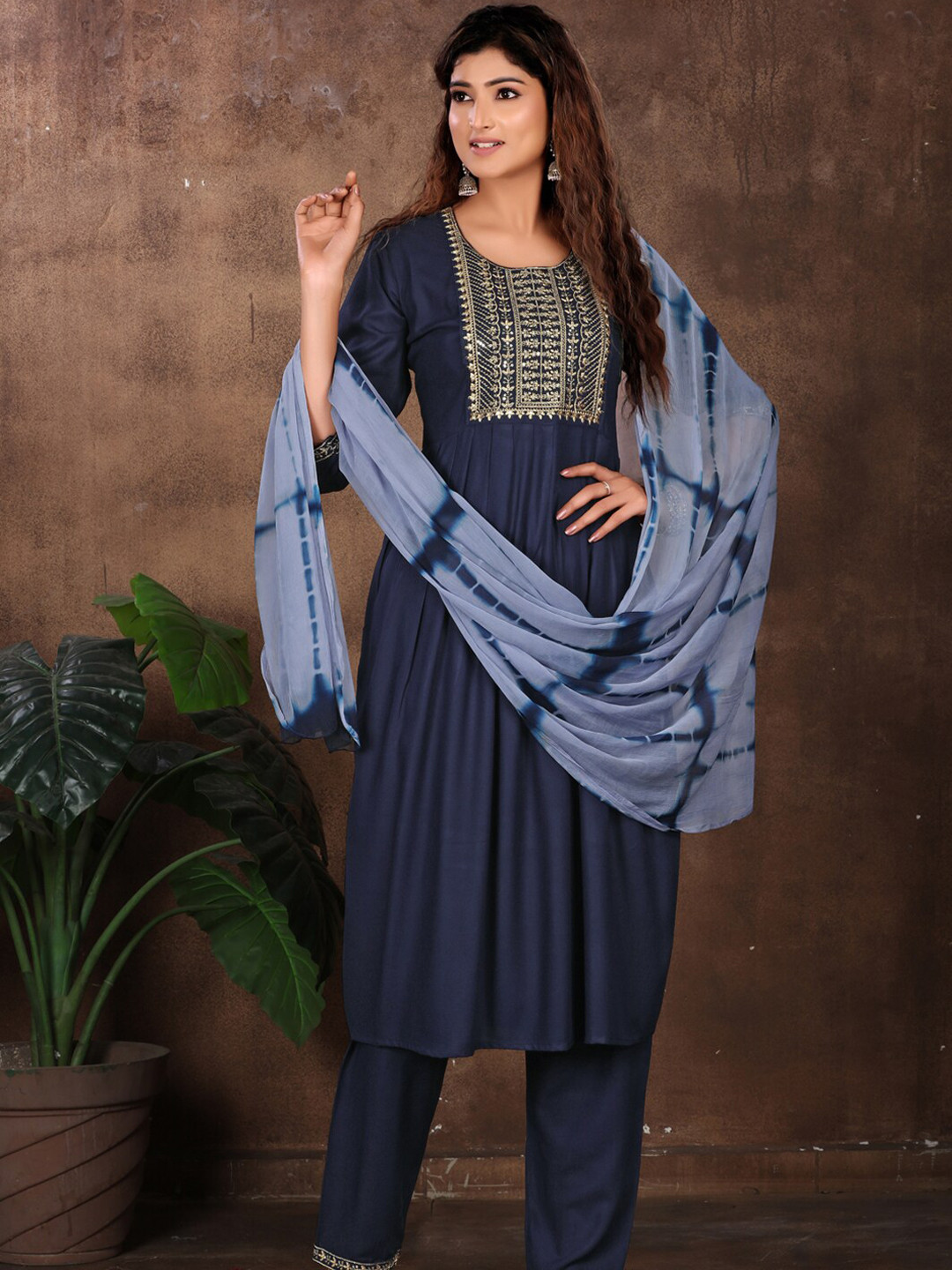 

KALINI Ethnic Motifs Yoke Design Pleated Sequined Work Kurta with Trousers and Dupatta, Navy blue