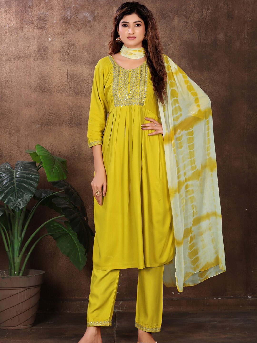 

KALINI Round Neck Sequinned Detailed Pleated A-Line Kurta & Trousers with Dupatta, Yellow