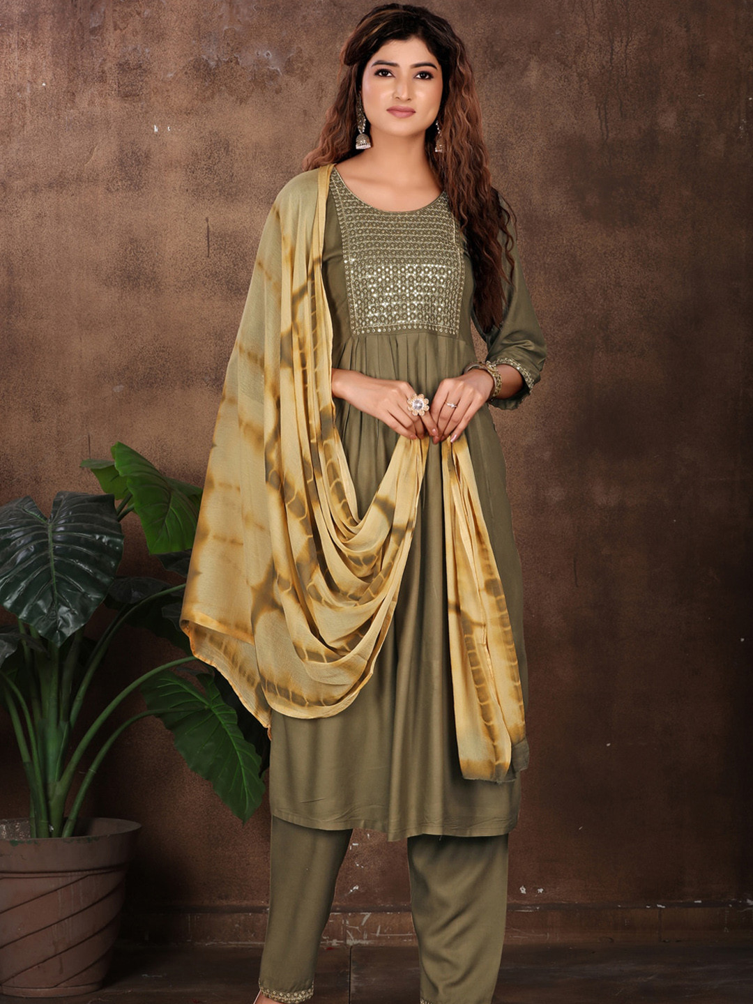 

KALINI Round Neck Sequinned Detailed Pleated A-Line Kurta & Trousers with Dupatta, Brown