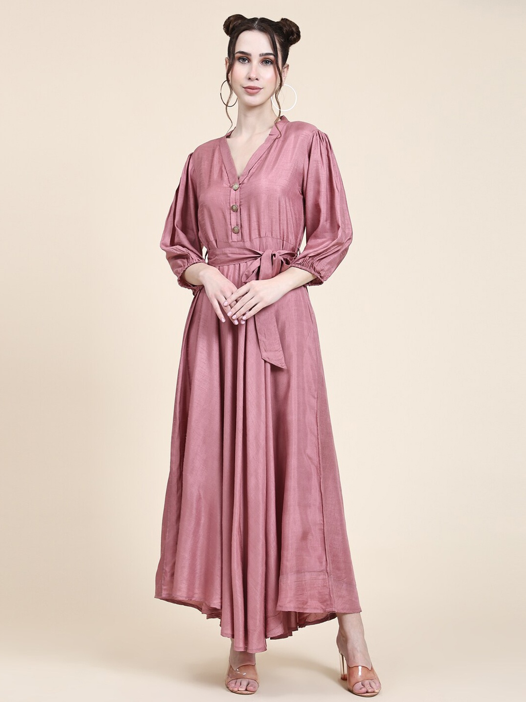 

BAESD V-Neck Puff Sleeves Liva Maxi Dress, Pink