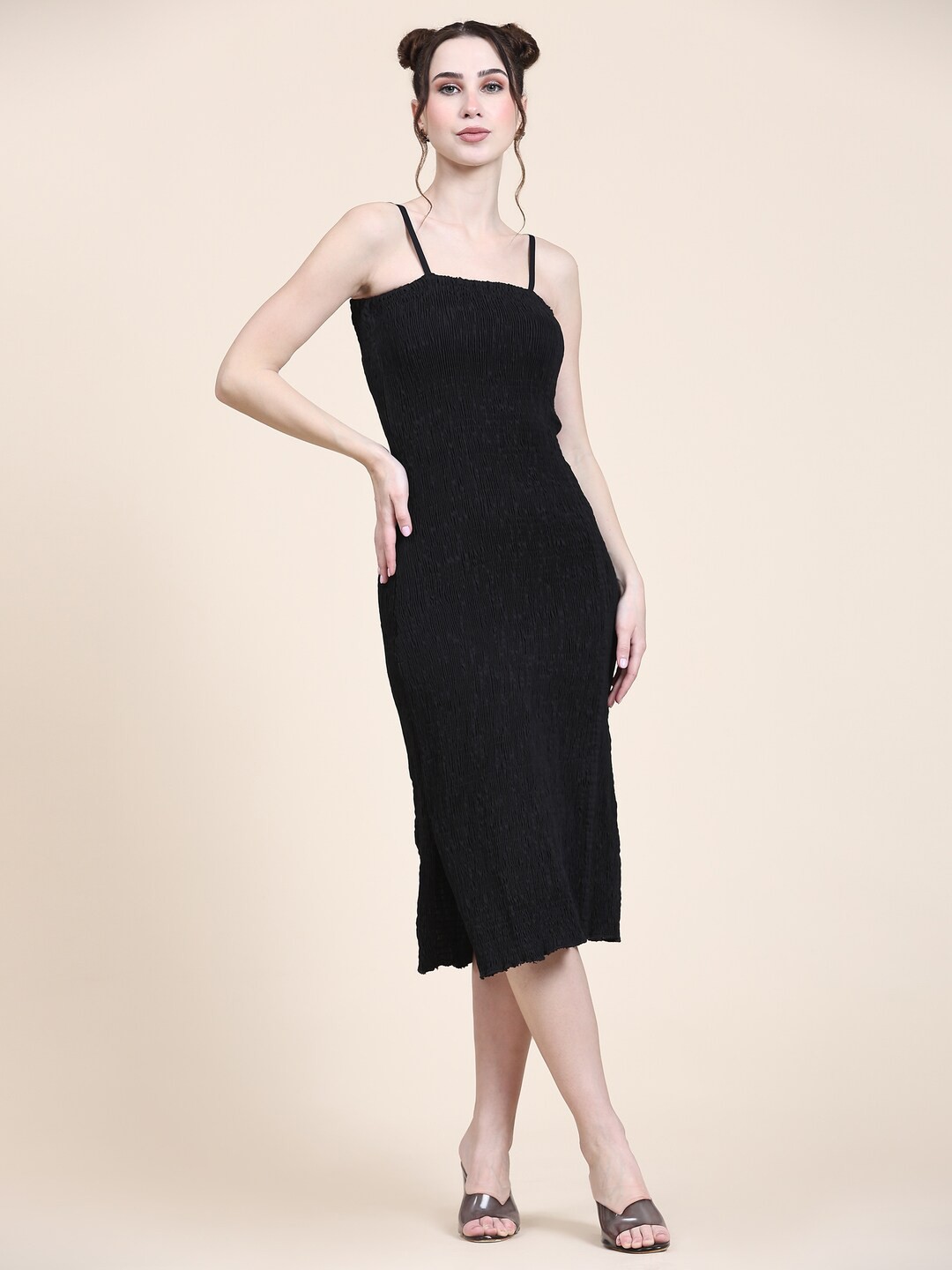

BAESD Shoulder Strap Smocked Bodycon Dress, Black