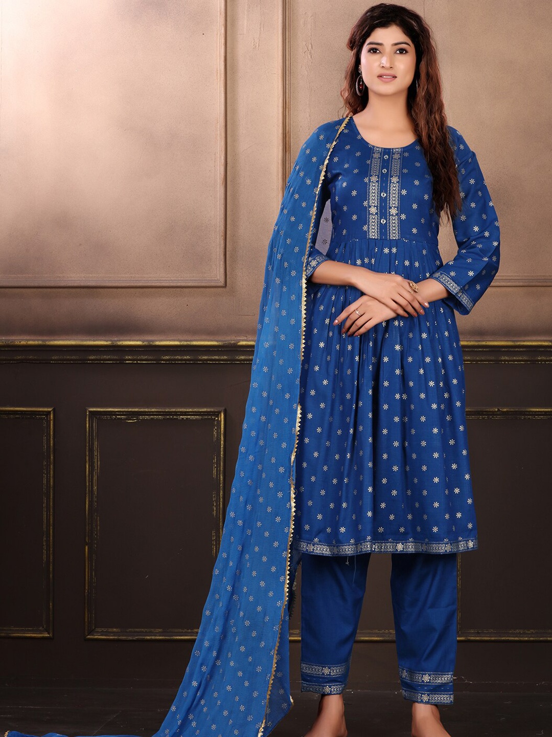

KALINI Ethnic Motifs Printed Gotta Patti Kurta with Trousers & Dupatta, Blue