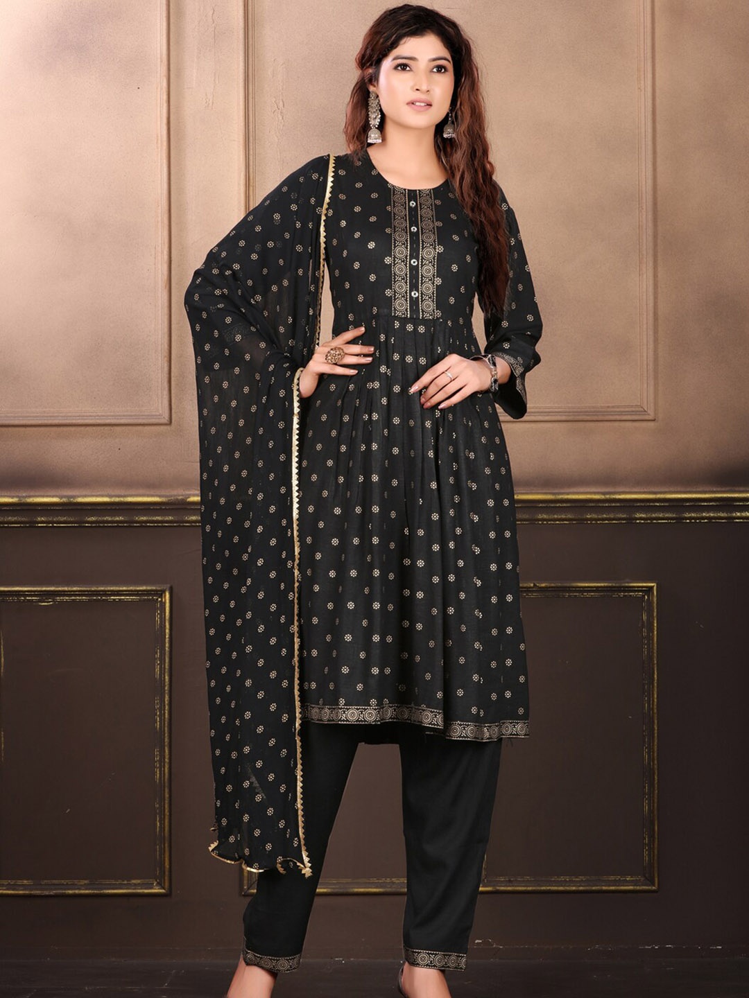 

KALINI Ethnic Motifs Printed Kurta with Trousers & Dupatta, Grey
