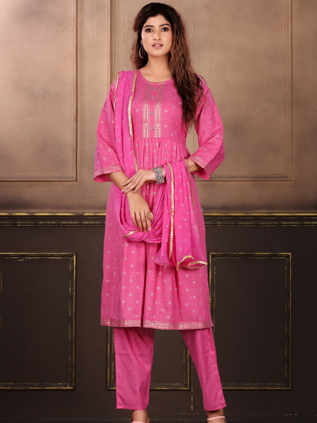 

KALINI Ethnic Motifs Printed Gotta Patti Kurta With Trousers & Dupatta, Pink