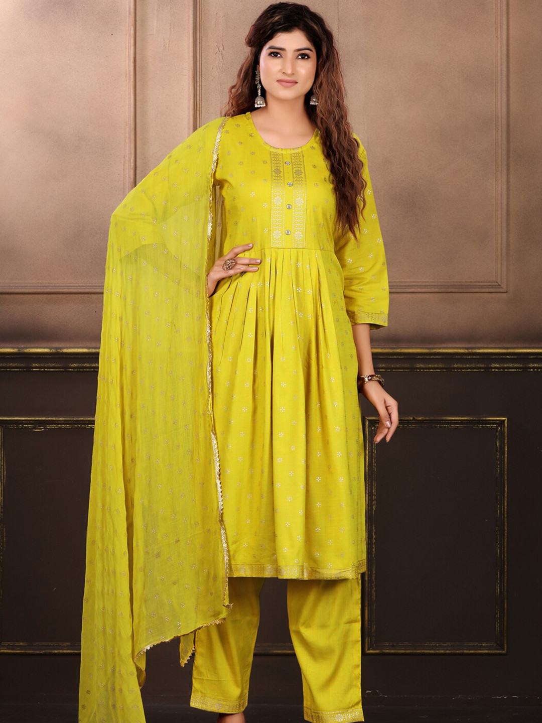

KALINI Floral Woven Design Gotta Patti Pleated Kurta With Trousers & Dupatta, Yellow