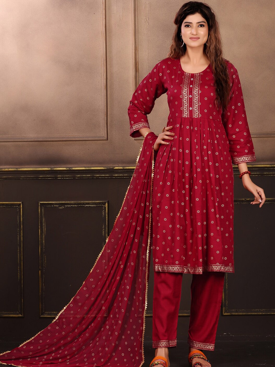 

KALINI Floral Printed Round Neck Pleated A-Line Kurta & Trousers with Dupatta, Red