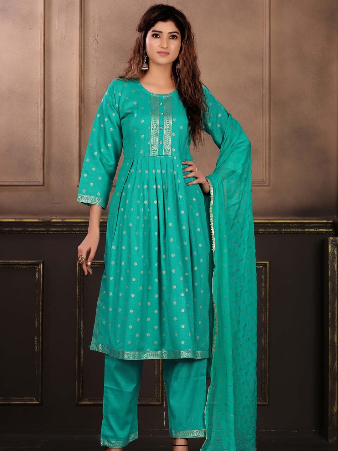 

KALINI Ethnic Motifs Printed Pleated Kurta with Trousers & Dupatta, Green