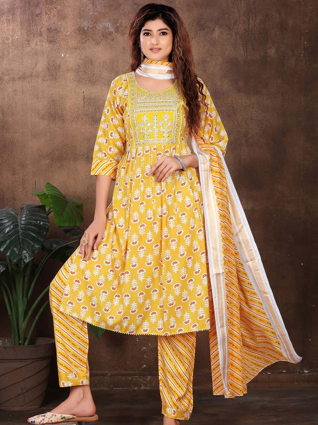 

KALINI Ethnic Motifs Printed Gotta Patti Kurta With Trousers & Dupatta, Yellow