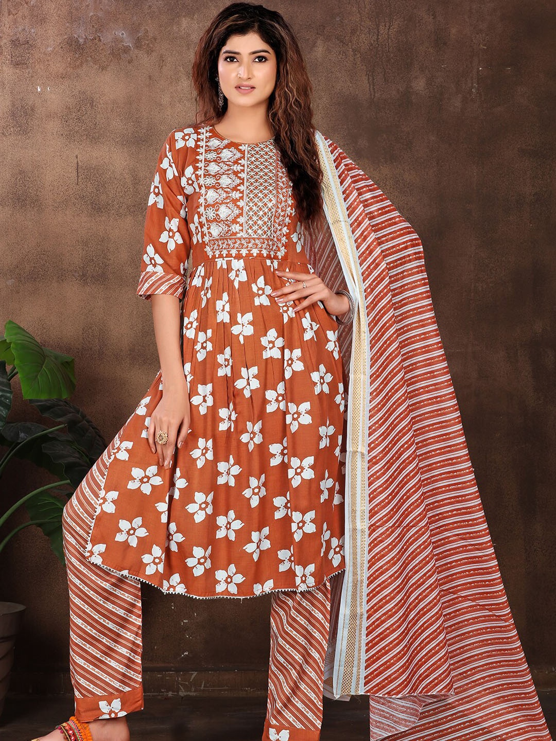 

KALINI Floral Printed Pleated Kurta with Trousers & Dupatta, Brown