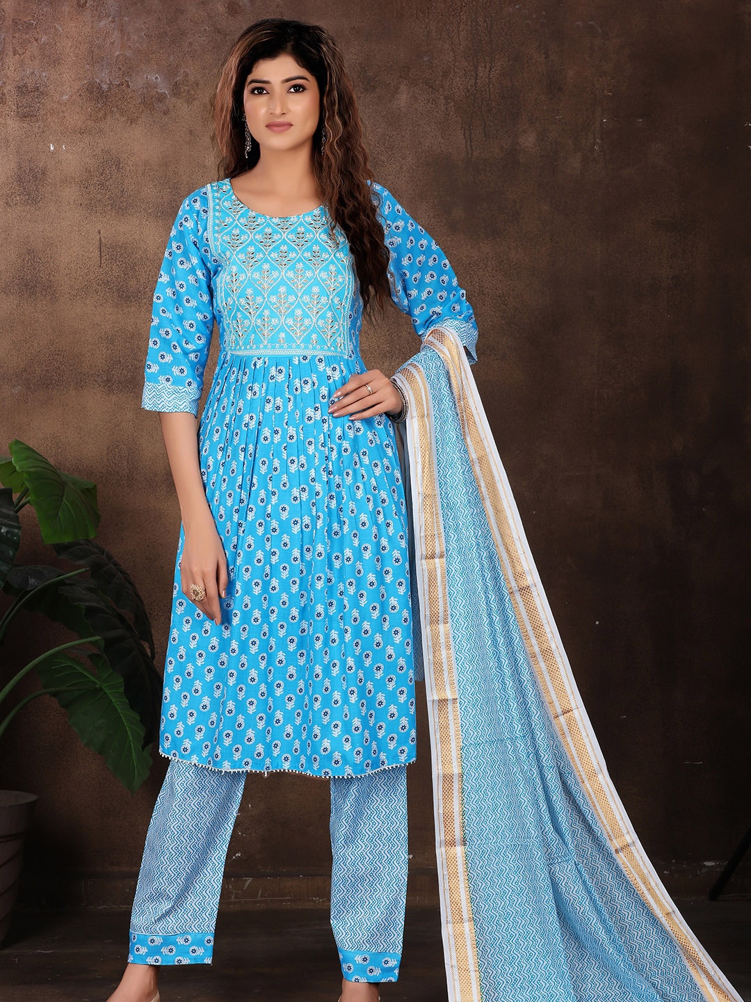 

KALINI Floral Printed Yoke Design Thread Work Kurta Set With Dupatta, Blue