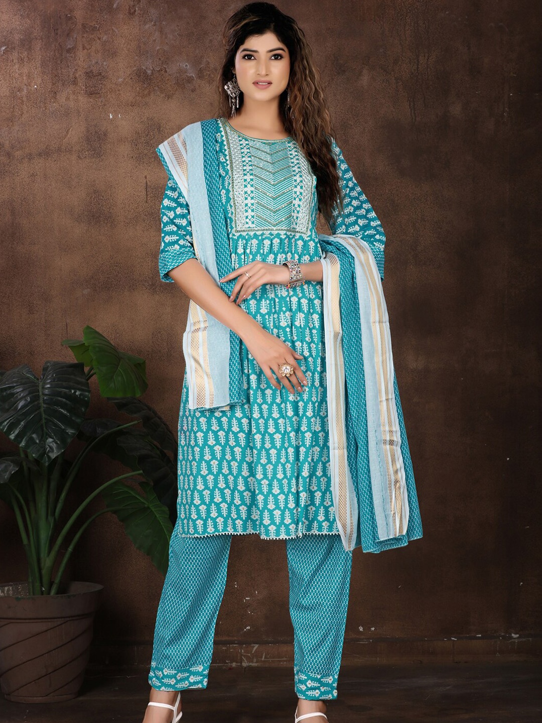 

KALINI Floral Printed Yoke Design Sequinned Kurta Set With Dupatta, Blue