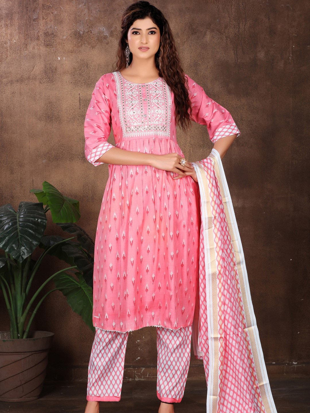 

KALINI Ethnic Motifs Printed Thread Work Pleated Straight Kurta With Trousers & Dupatta, Pink