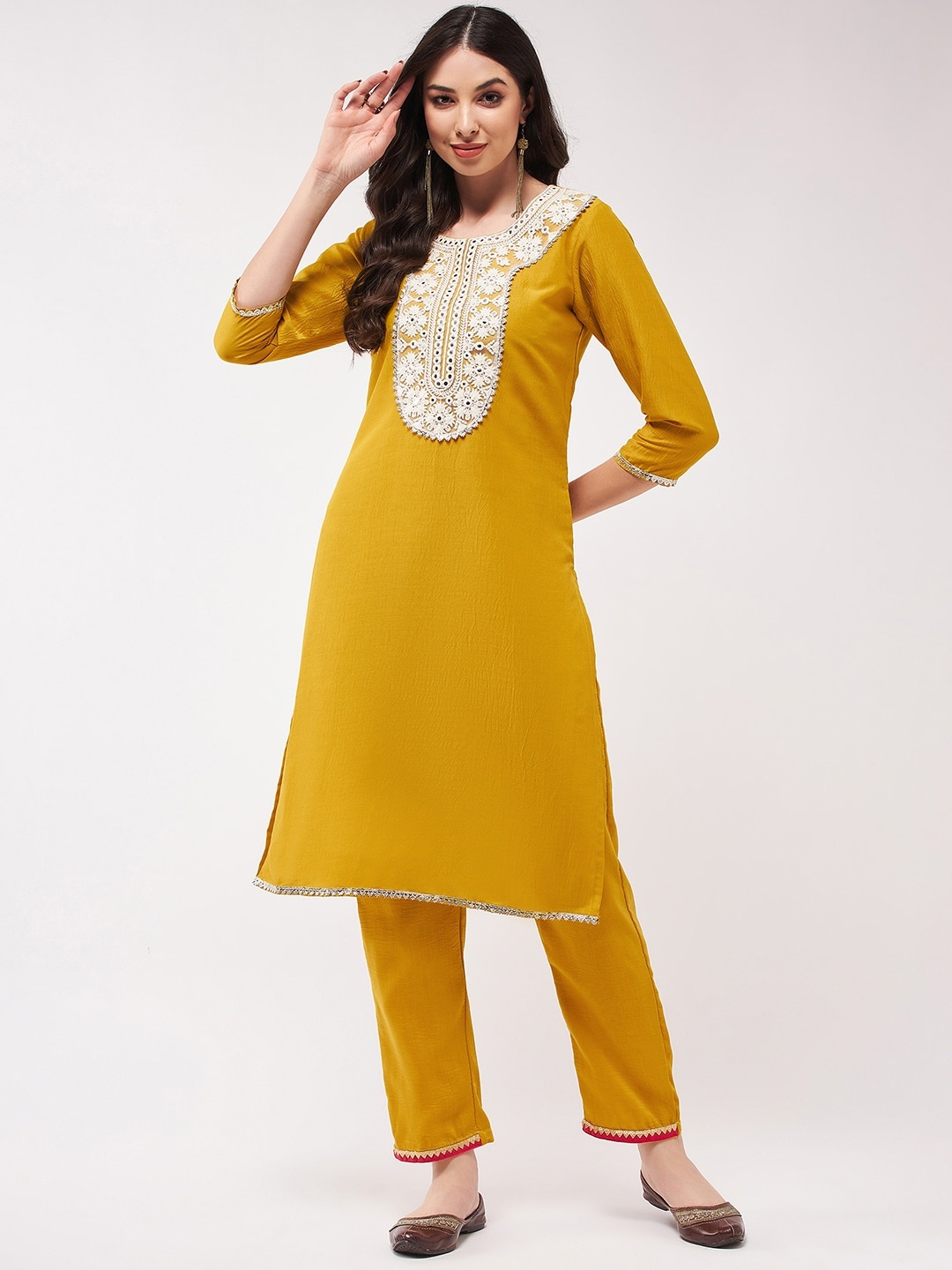 

Pannkh Round Neck Regular Sleeves Thread Work Art Silk Straight Kurta, Mustard