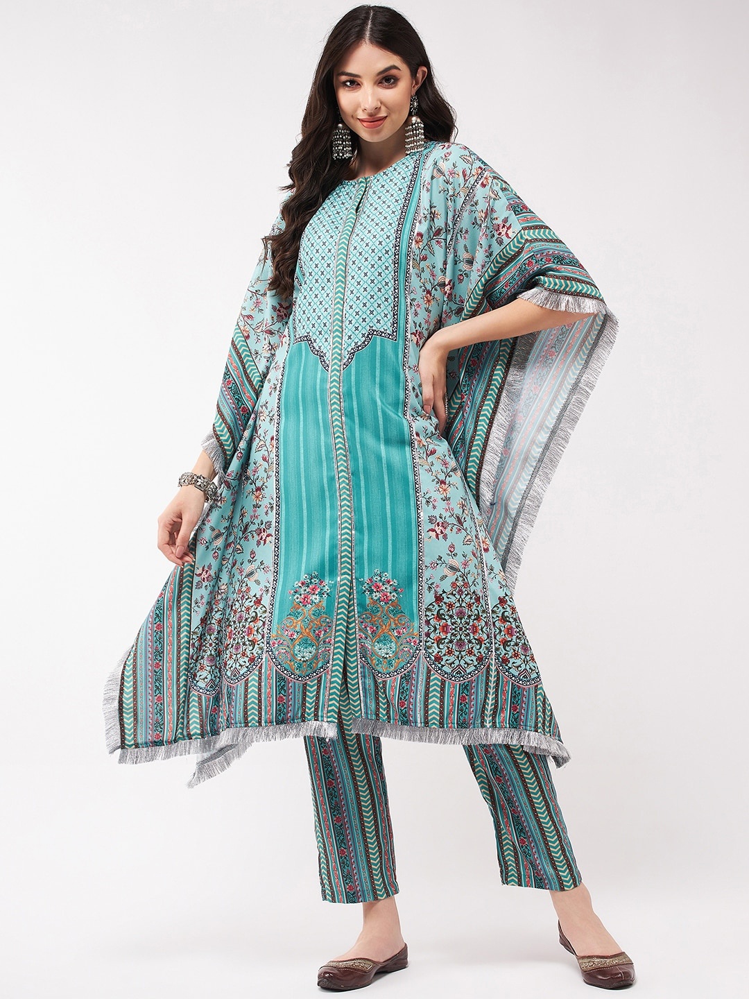 

Pannkh Floral Printed Flared Sleeve Gotta Patti Kaftan Kurta, Blue