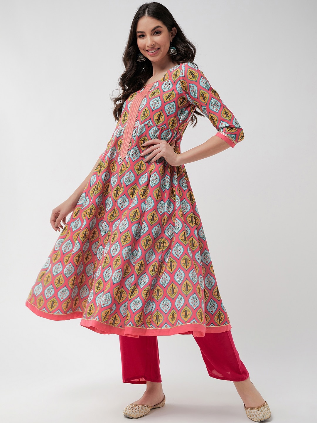 Pannkh Floral Printed Three-Quarter Sleeves Gotta Patti Anarkali Kurta, Coral