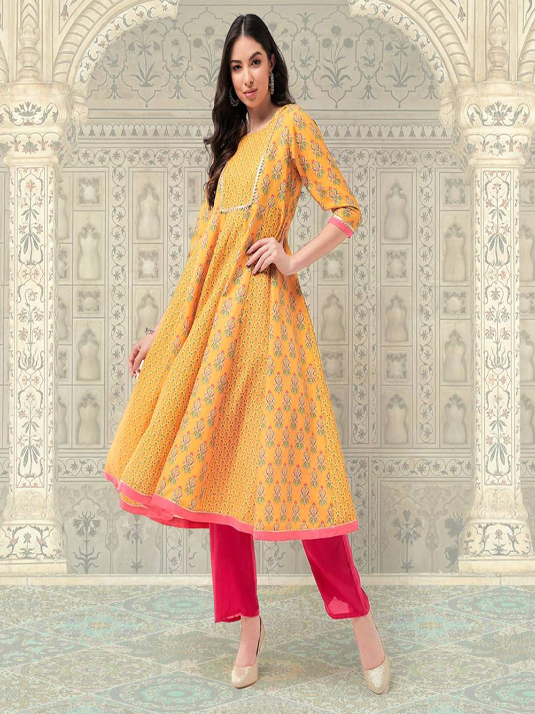 

Pannkh Ethnic Motifs Printed Gotta Patti Panelled Anarkali Kurta, Yellow