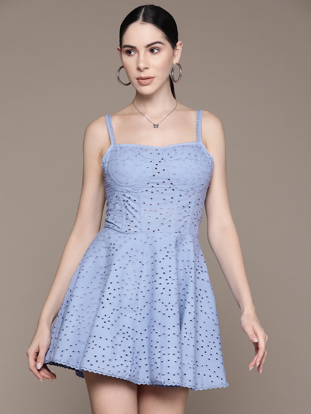 

bebe Soft Romance Schiffli A-Line Pure Cotton Mini Dress, Blue