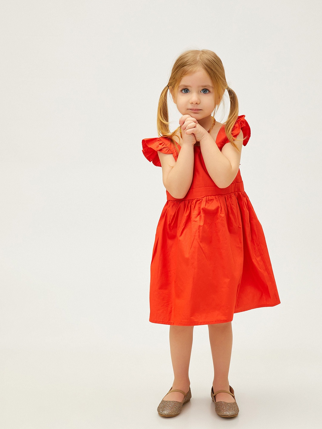 

Koton Girls Cap Sleeves Gathered Cotton A-Line Dress, Red