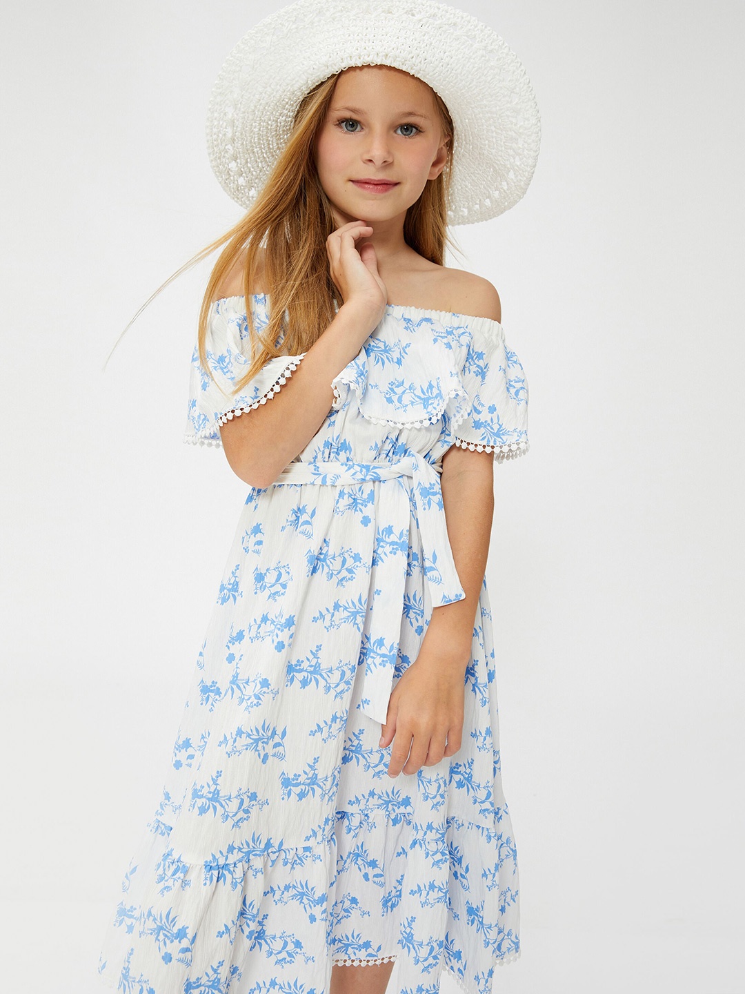 

Koton Girls Floral Printed Off-Shoulder Fit & Flare Dress, Blue