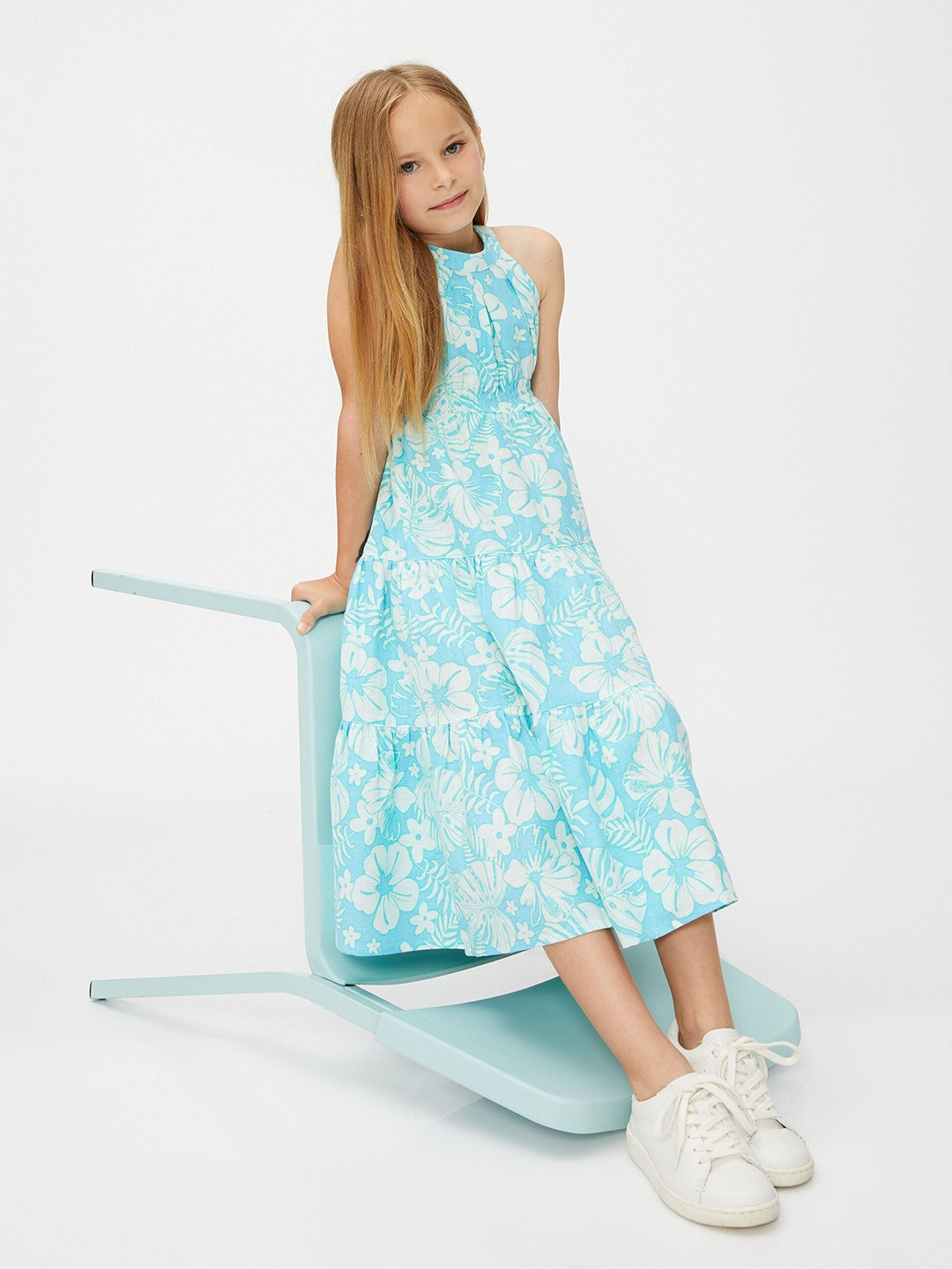 

Koton Floral Printed Tiered Gathered A-Line Midi Dress, Turquoise blue