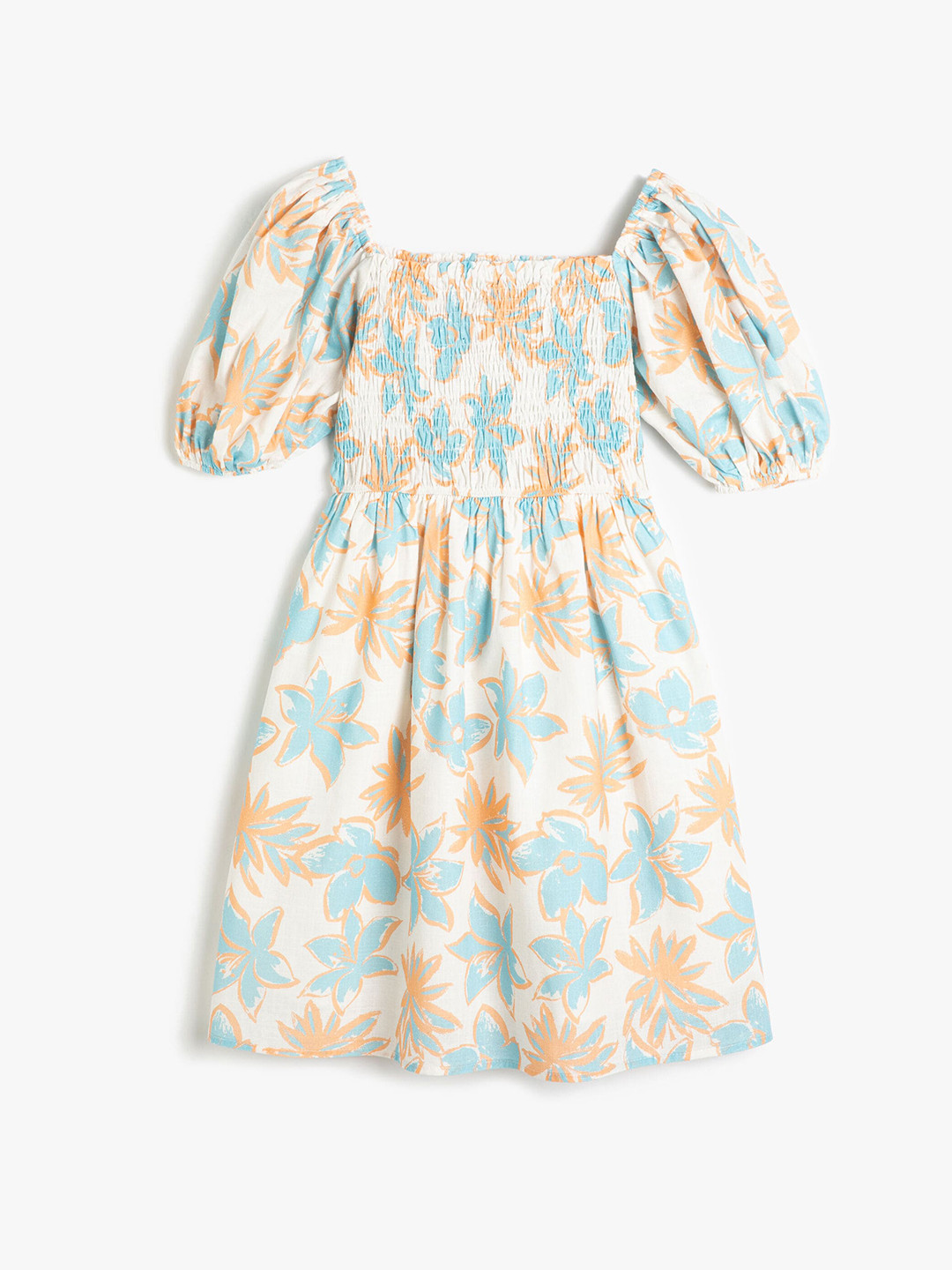 

Koton Girls Floral Printed Puff Sleeve Smocked Pure Cotton A-Line Midi Dress, White