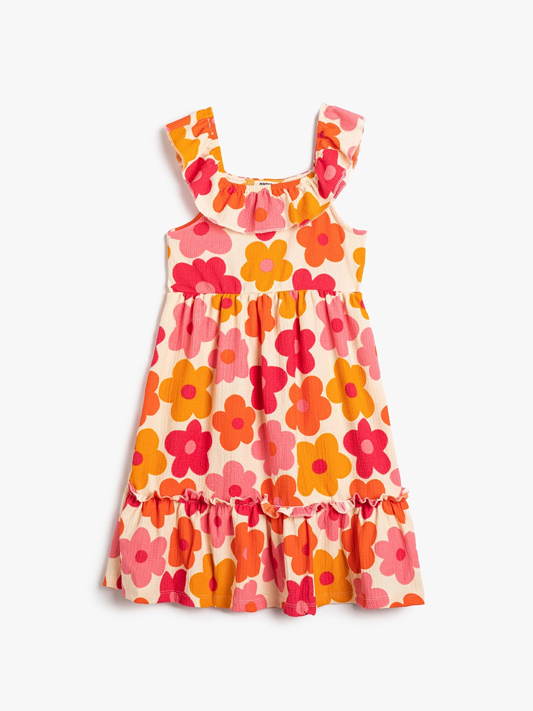 

Koton Girls Floral Printed Square Neck Sleeveless Ruffles A-Line Dress, Cream