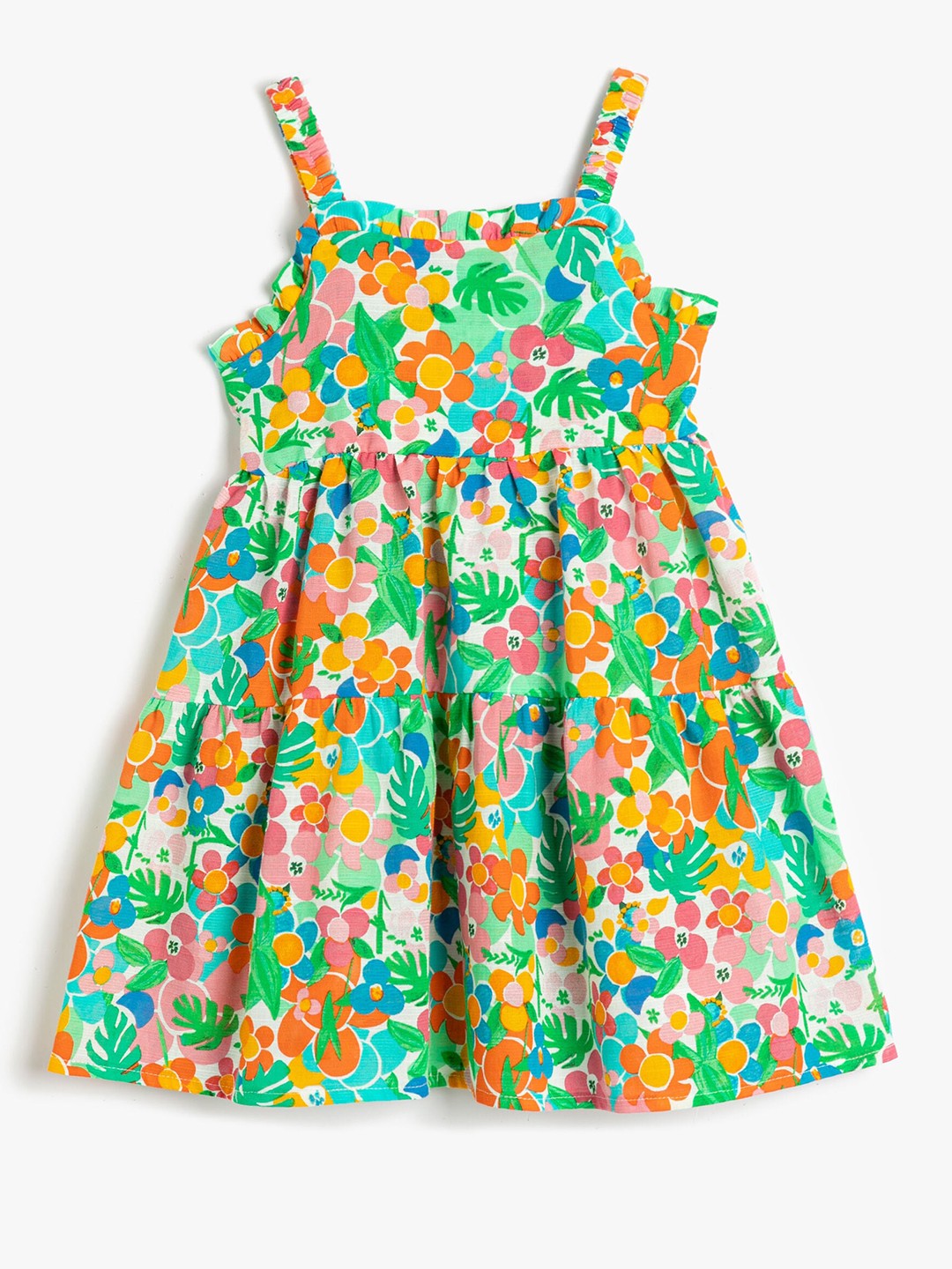 

Koton Girls Floral Printed Shoulder Strap Gathered Pure Cotton Fit & Flare Dress, Green
