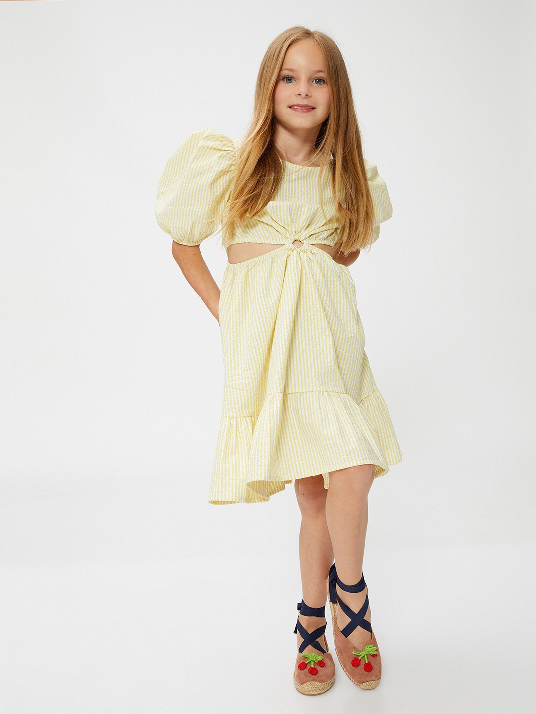 

Koton Girls Striped Puff Sleeve Fit & Flare Dress, Yellow
