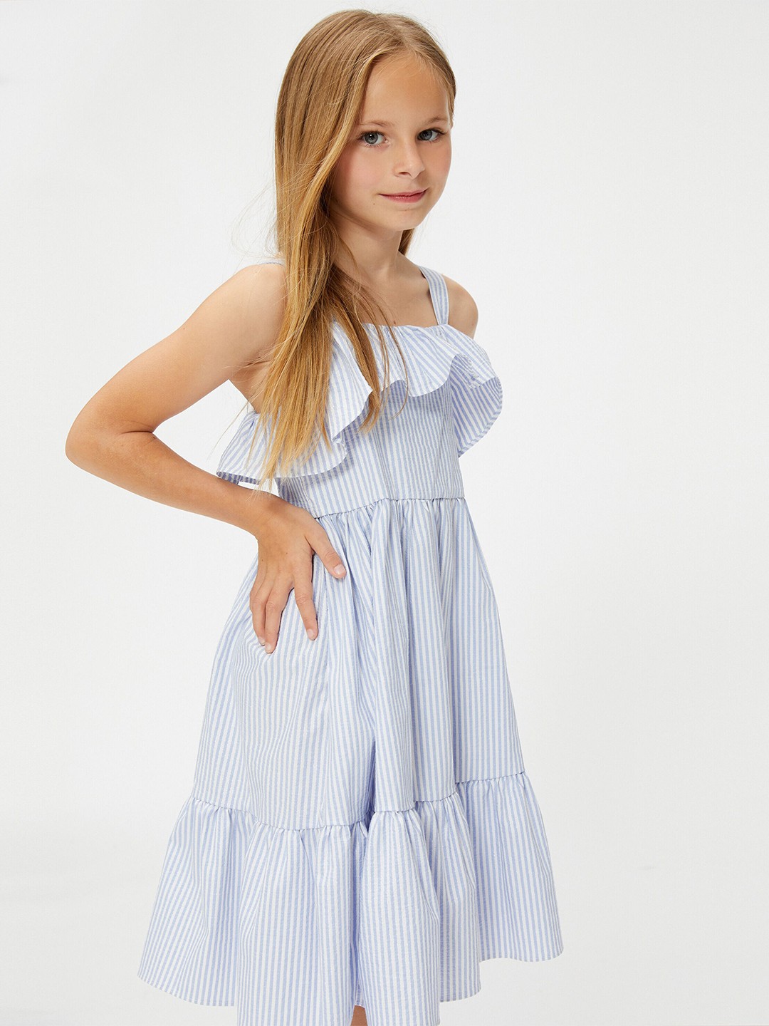 

Koton Girls Striped Shoulder Straps Ruffled A-Line Midi Dress, Blue