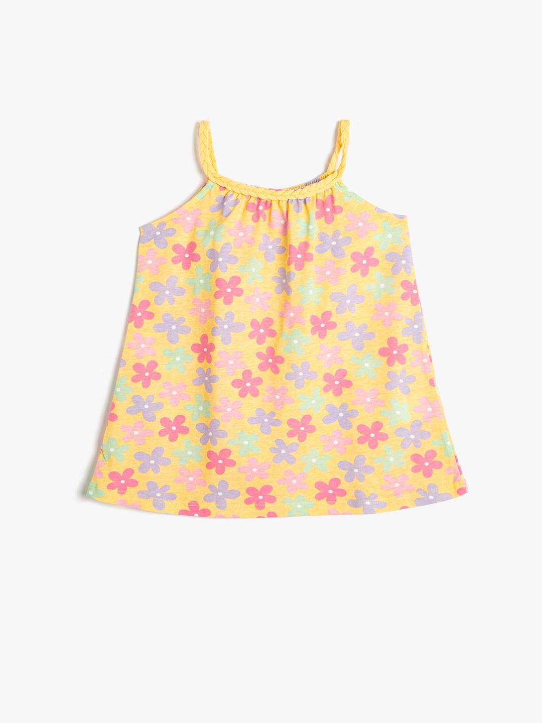 

Koton Infant Floral Printed Shoulder Strap Sleeveless Gathered Pure Cotton A-Line Dress, Yellow